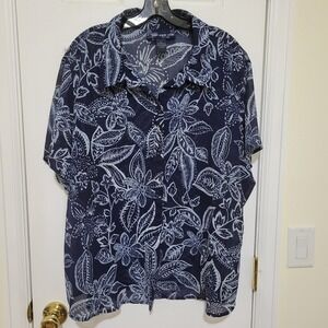 Susan Graver Style Navy Blue White Floral Chiffon Button Up Blouse Plus Size 2X